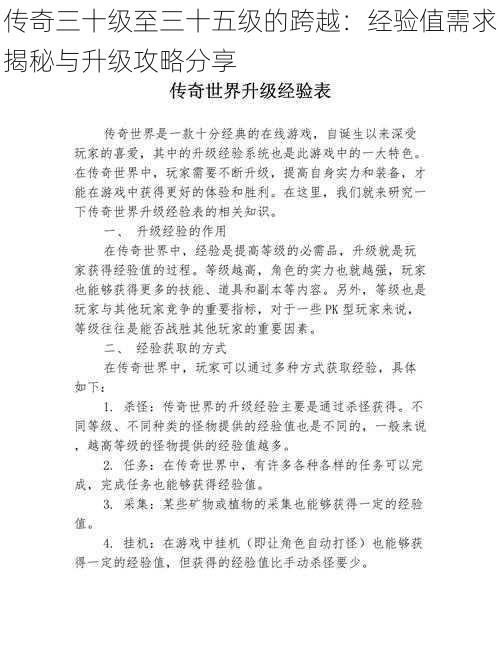 传奇三十级至三十五级的跨越：经验值需求揭秘与升级攻略分享