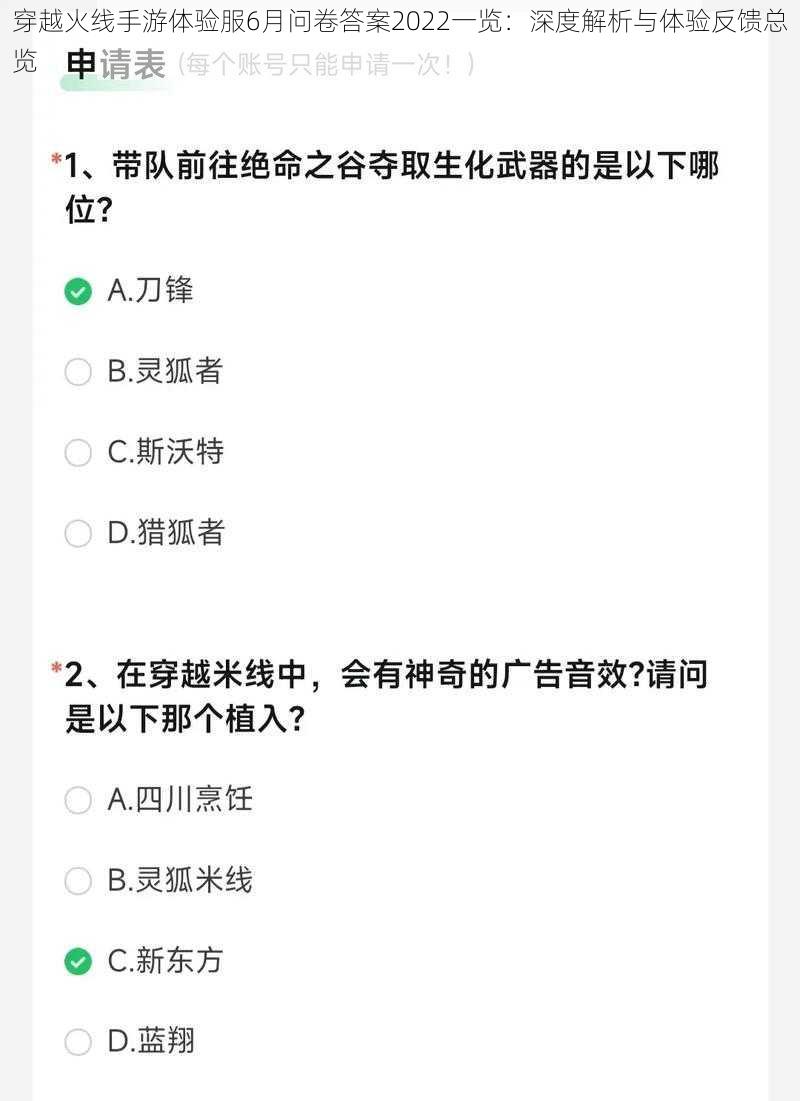 穿越火线手游体验服6月问卷答案2022一览：深度解析与体验反馈总览