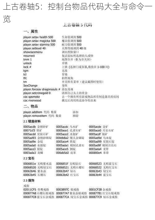 上古卷轴5：控制台物品代码大全与命令一览