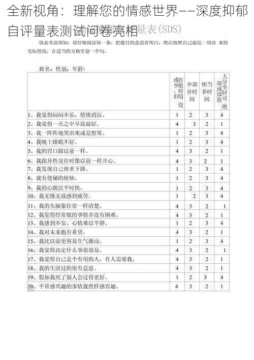 全新视角：理解您的情感世界——深度抑郁自评量表测试问卷亮相